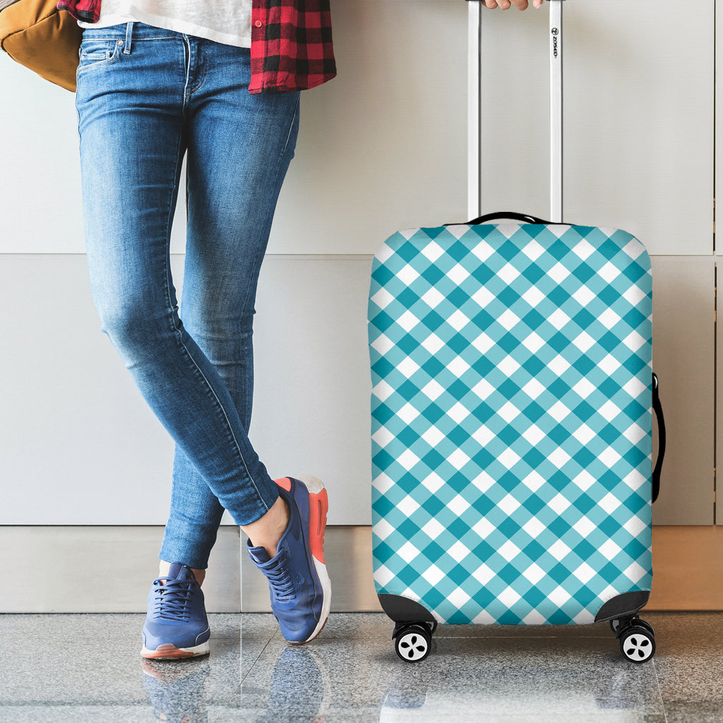 Teal And White Gingham Pattern Print Luggage Cover