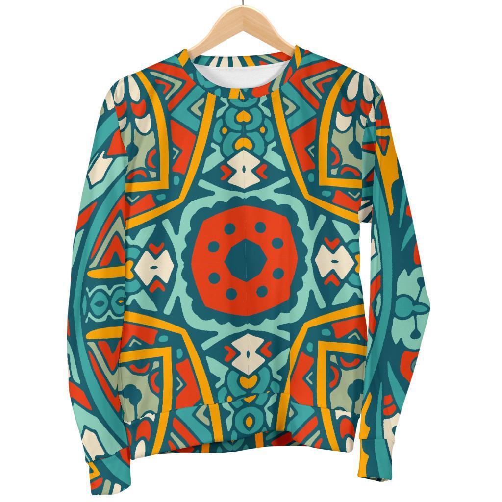 Teal Bohemian Mandala Pattern Print Men's Crewneck Sweatshirt