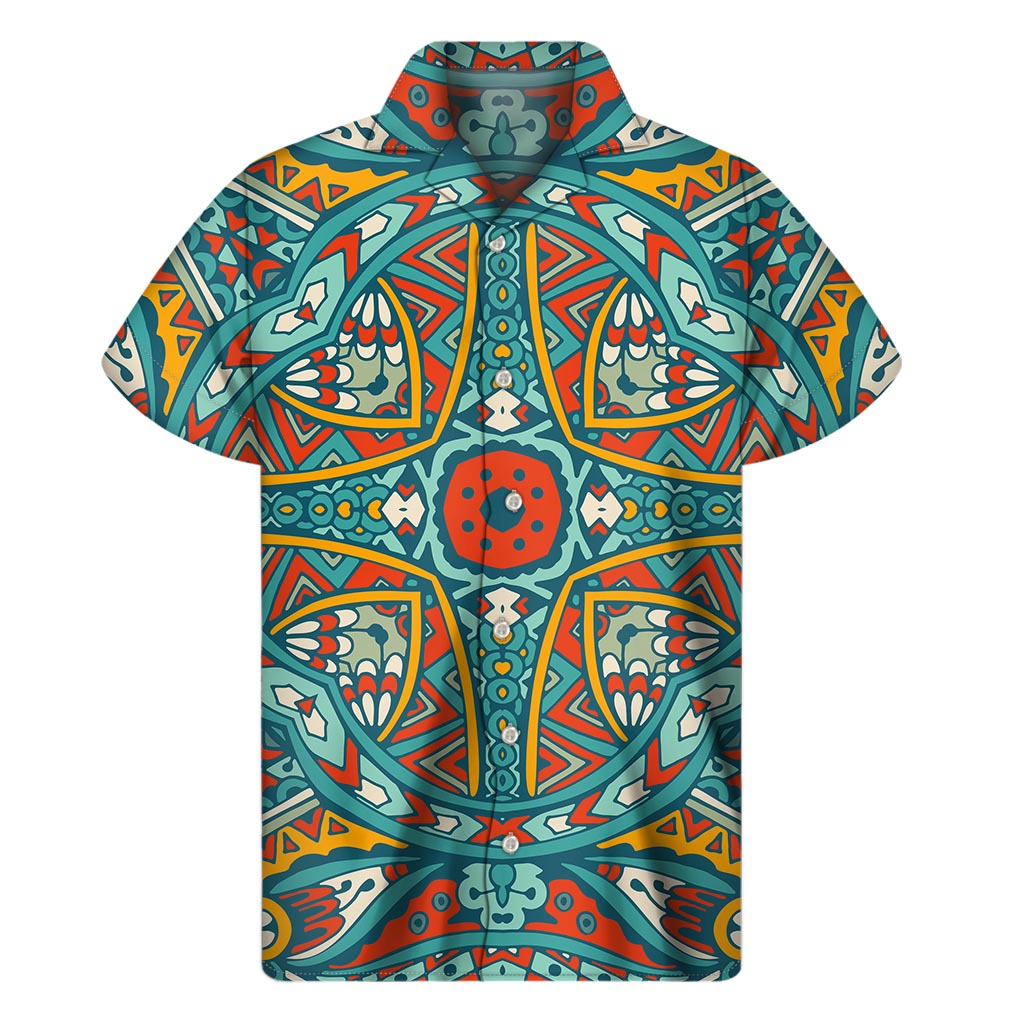 Teal Bohemian Mandala Pattern Print Men's Short Sleeve Shirt