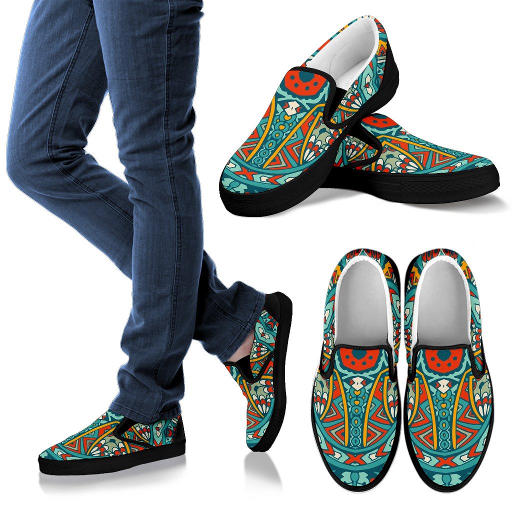 Teal Bohemian Mandala Pattern Print Men's Slip On Shoes
