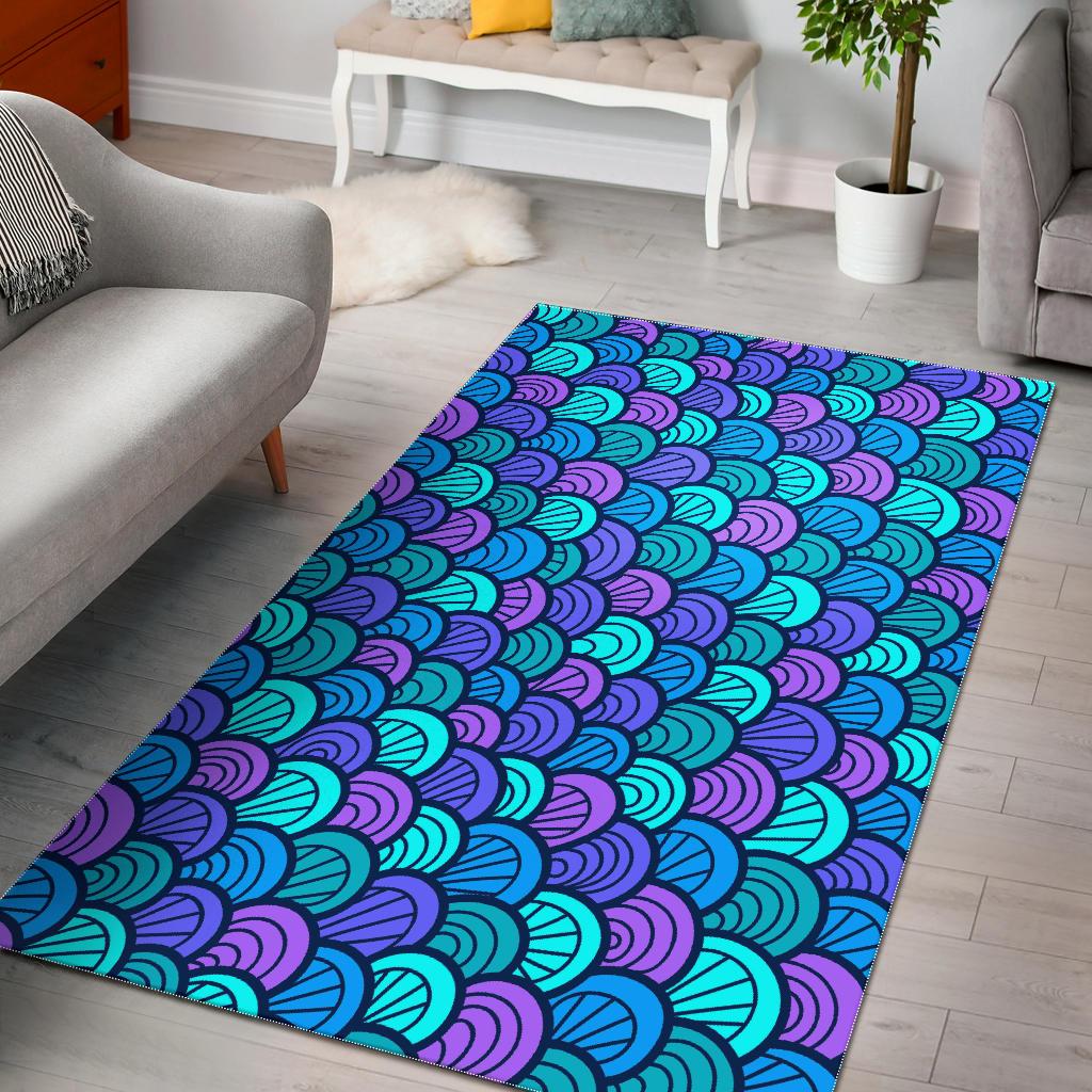 Teal Pink Mermaid Scales Pattern Print Area Rug