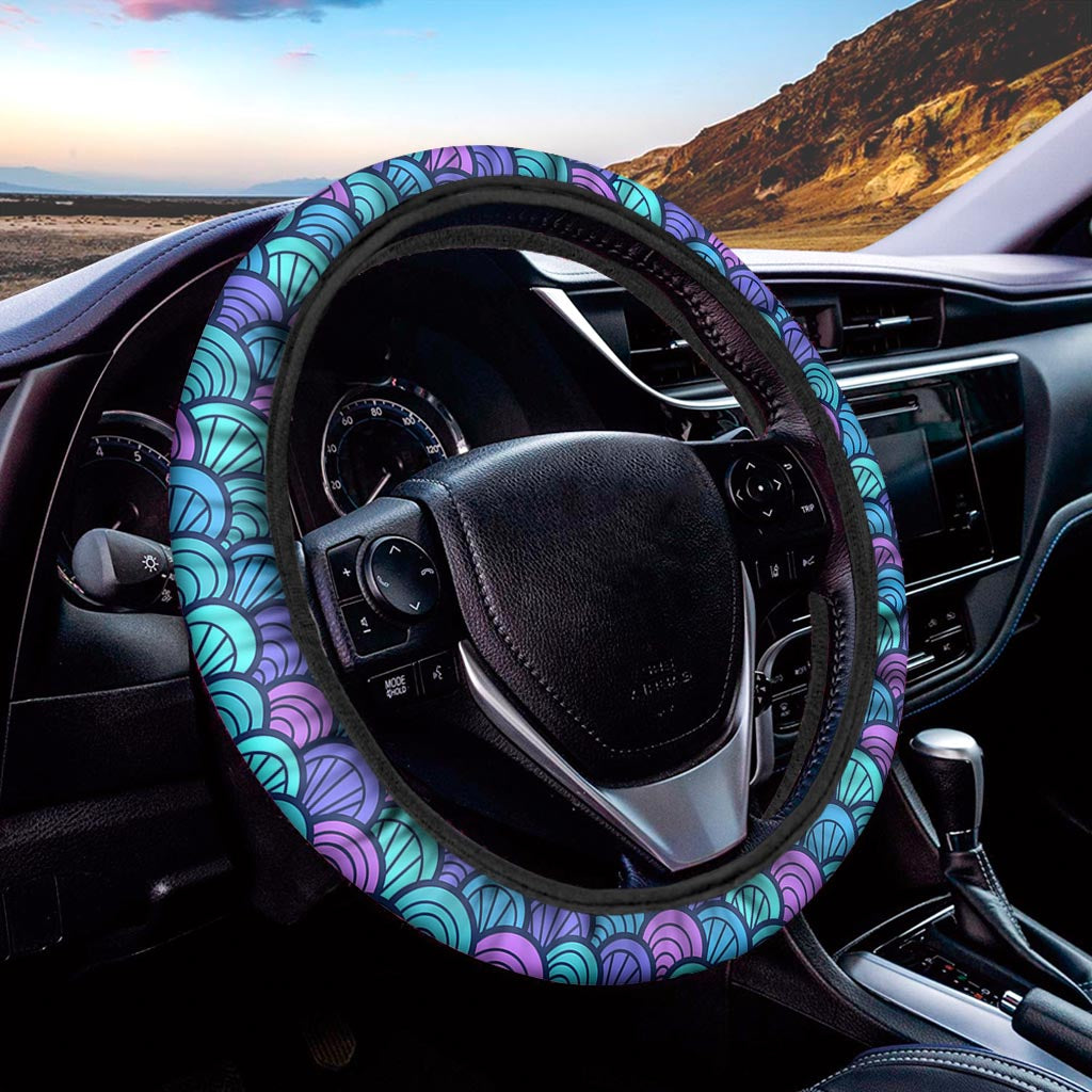 Teal Pink Mermaid Scales Pattern Print Car Steering Wheel Cover