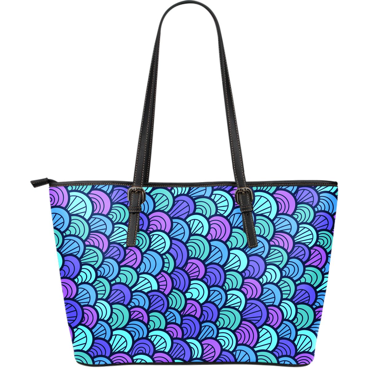 Teal Pink Mermaid Scales Pattern Print Leather Tote Bag