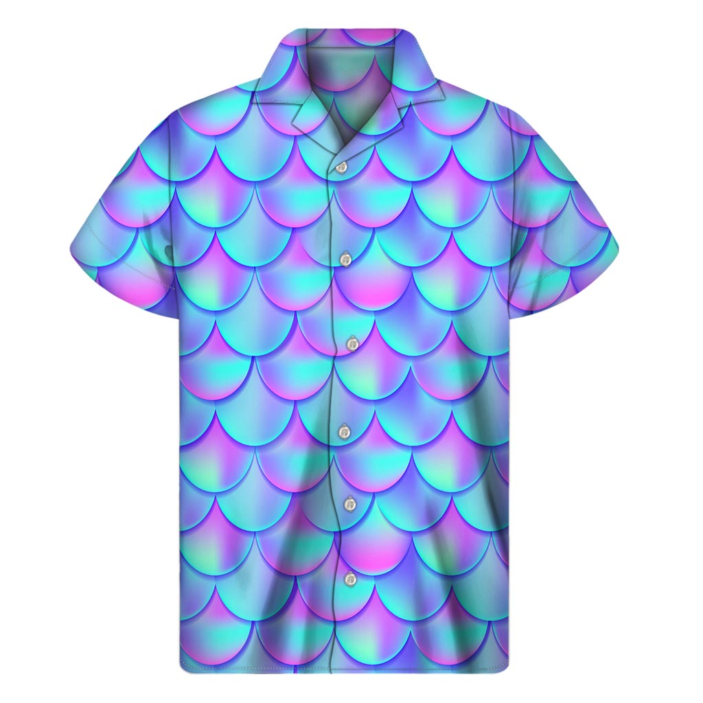 Teal Purple Mermaid Scales Pattern Print Men's Short Sleeve Shirt