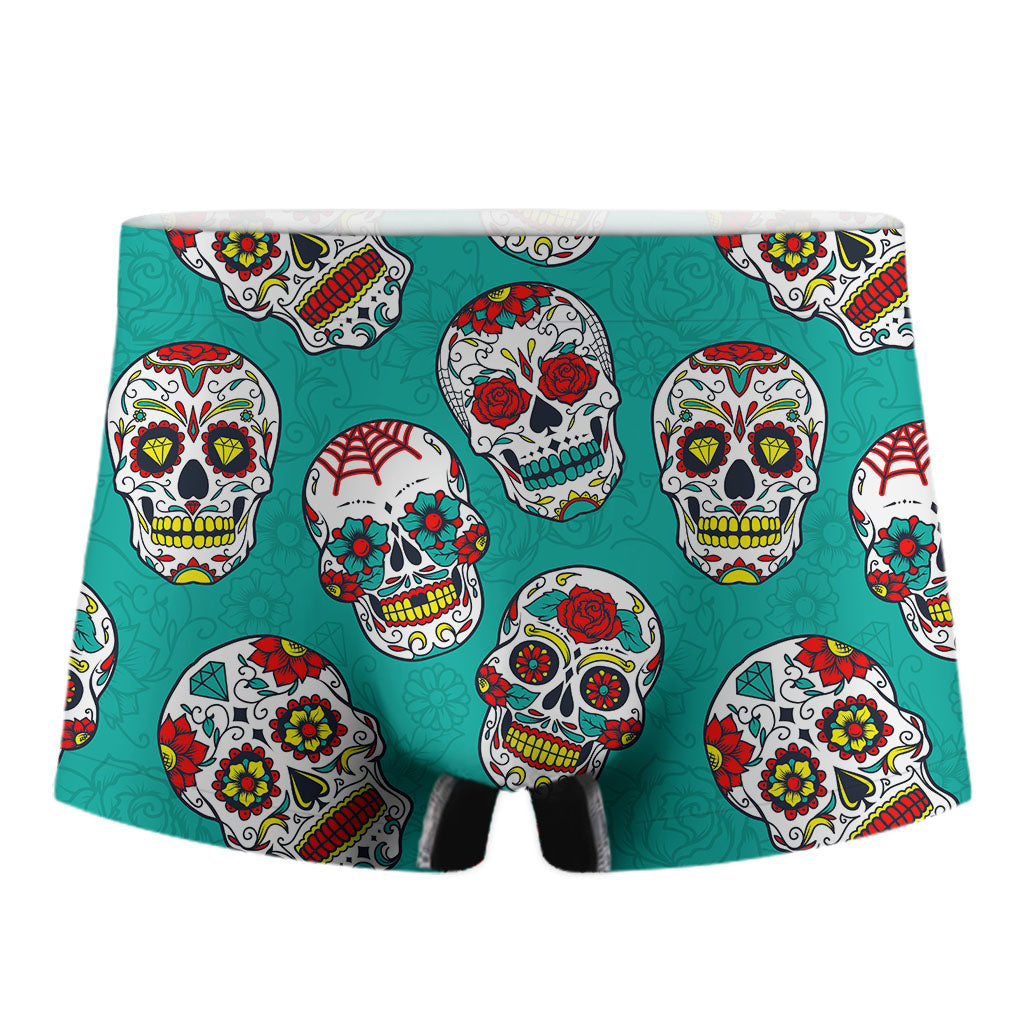 Teal Sugar Skull Pattern Print Men's Boxer Briefs