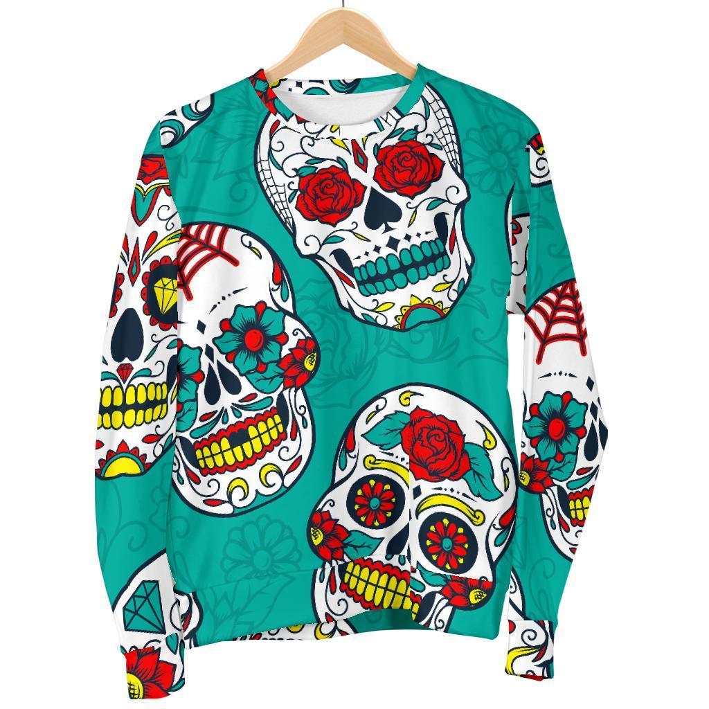 Teal Sugar Skull Pattern Print Men's Crewneck Sweatshirt