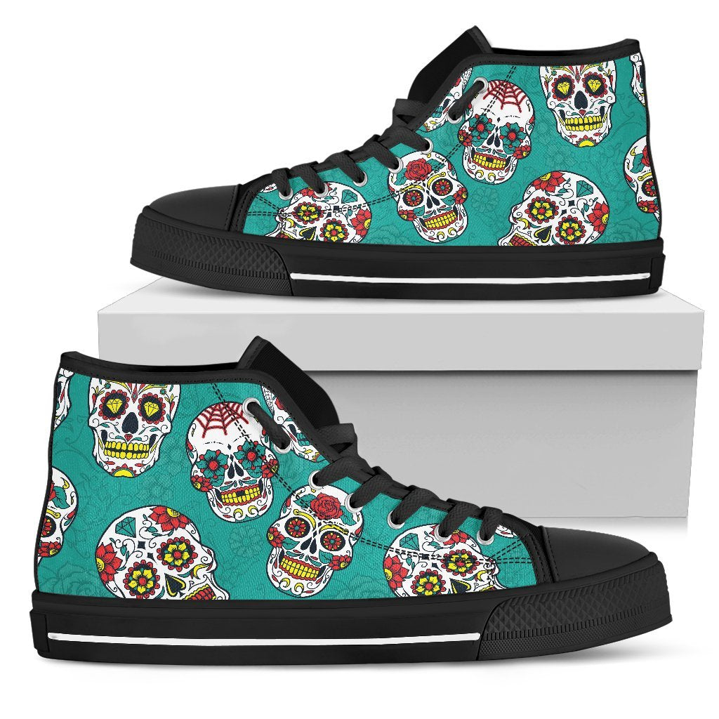 Teal Sugar Skull Pattern Print Men's High Top Shoes