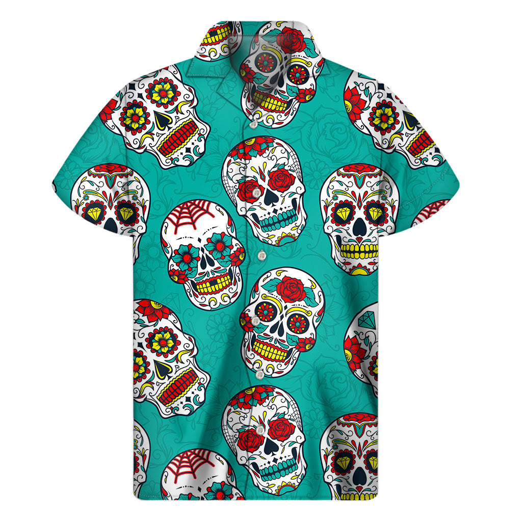 Teal Sugar Skull Pattern Print Men's Short Sleeve Shirt