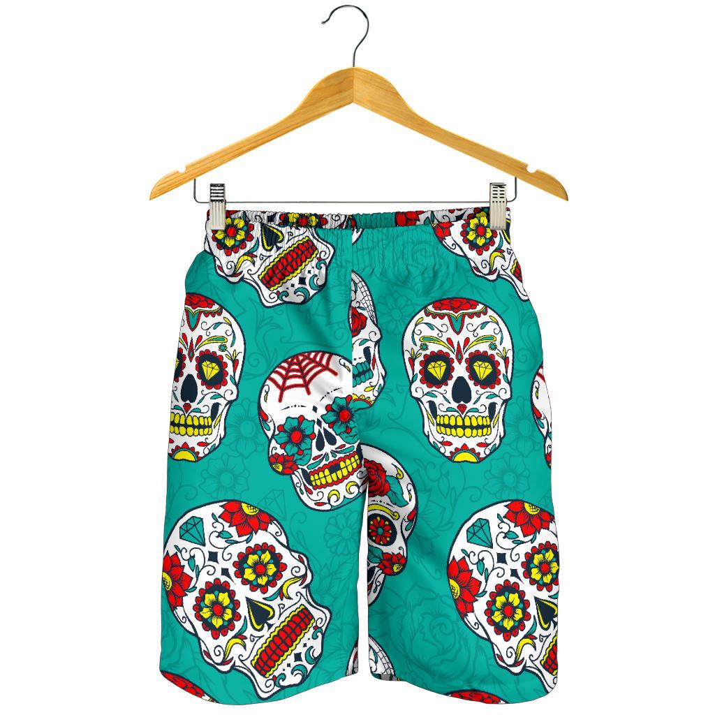 Teal Sugar Skull Pattern Print Men's Shorts