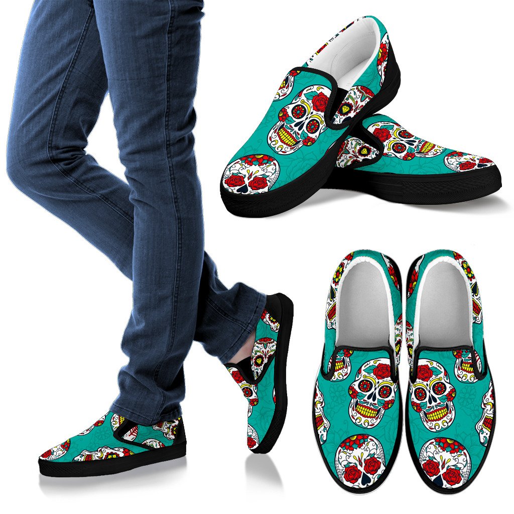 Teal Sugar Skull Pattern Print Men's Slip On Shoes