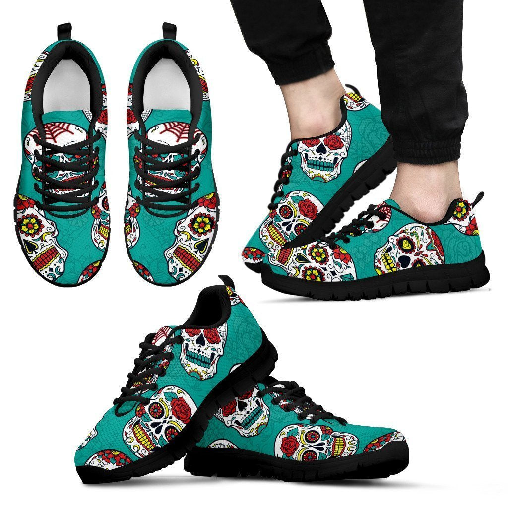 Teal Sugar Skull Pattern Print Men's Sneakers