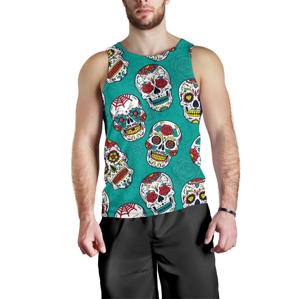 Teal Sugar Skull Pattern Print Men's Tank Top