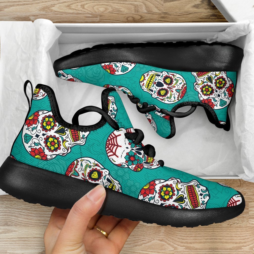 Teal Sugar Skull Pattern Print Mesh Knit Shoes