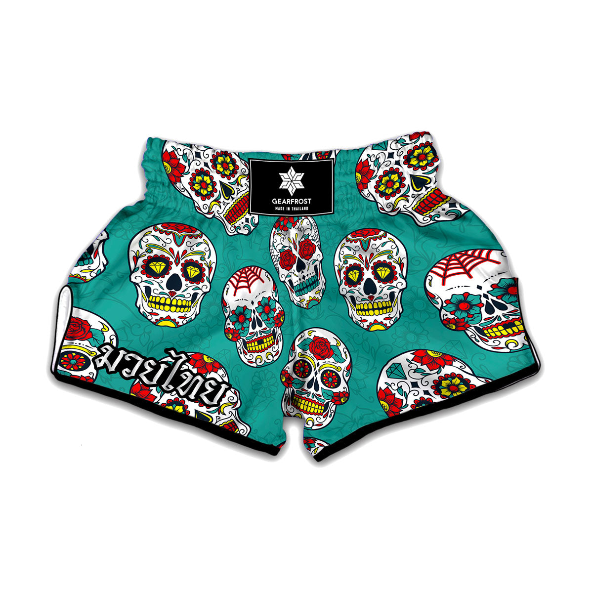 Teal Sugar Skull Pattern Print Muay Thai Boxing Shorts