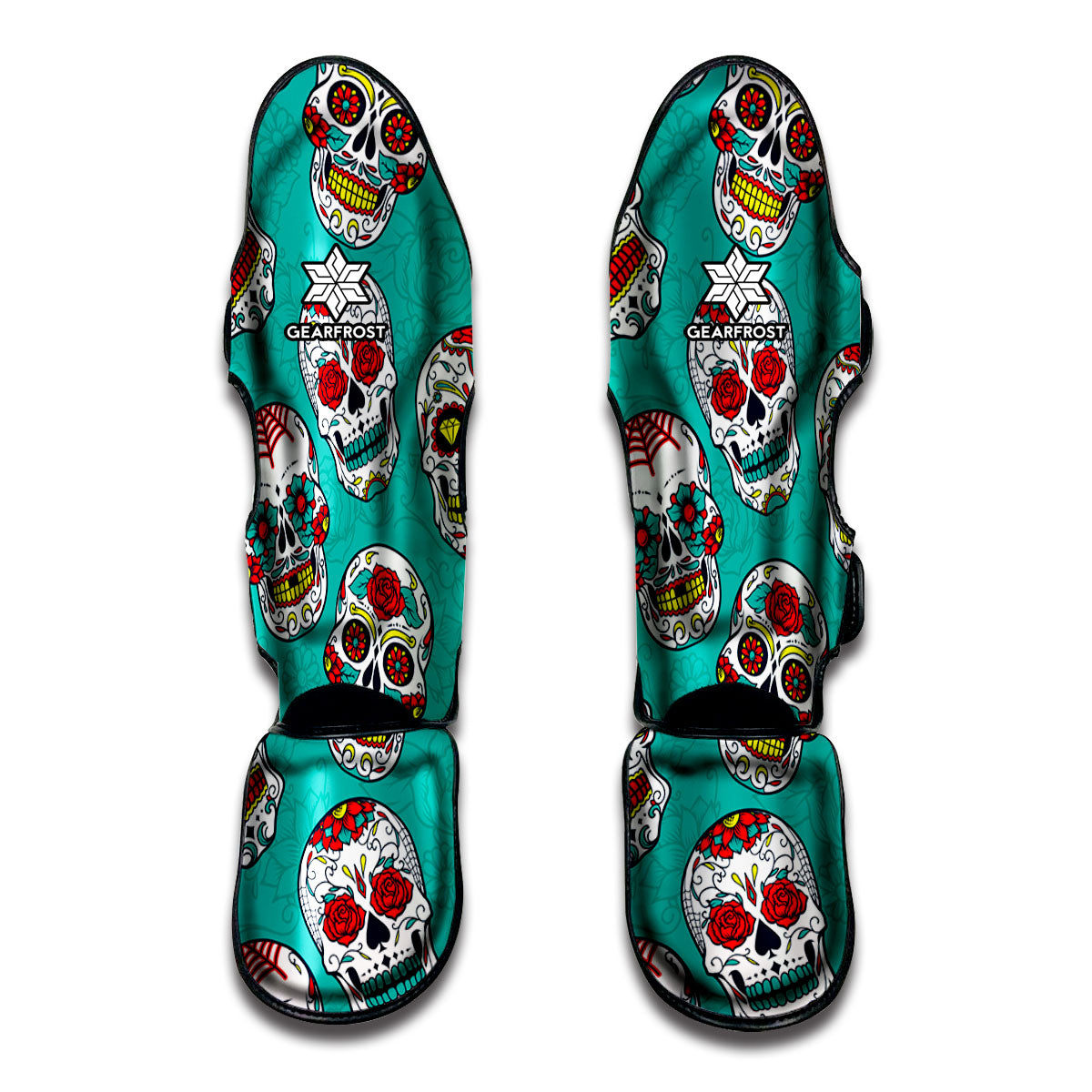 Teal Sugar Skull Pattern Print Muay Thai Shin Guards