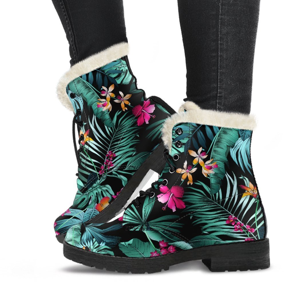 Teal Tropical Leaf Hawaii Pattern Print Faux Fur Leather Boots