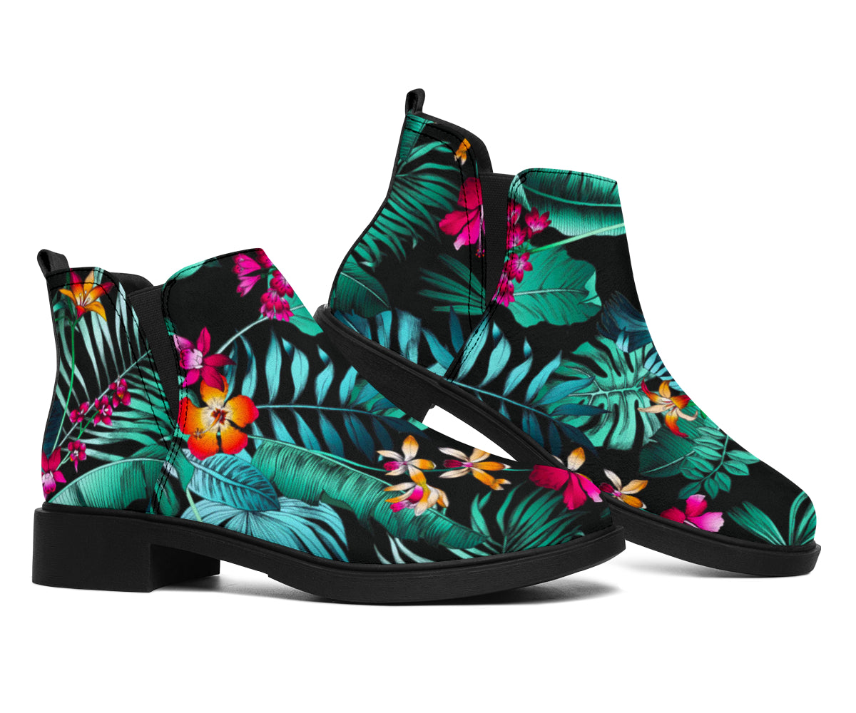 Teal Tropical Leaf Hawaii Pattern Print Flat Ankle Boots