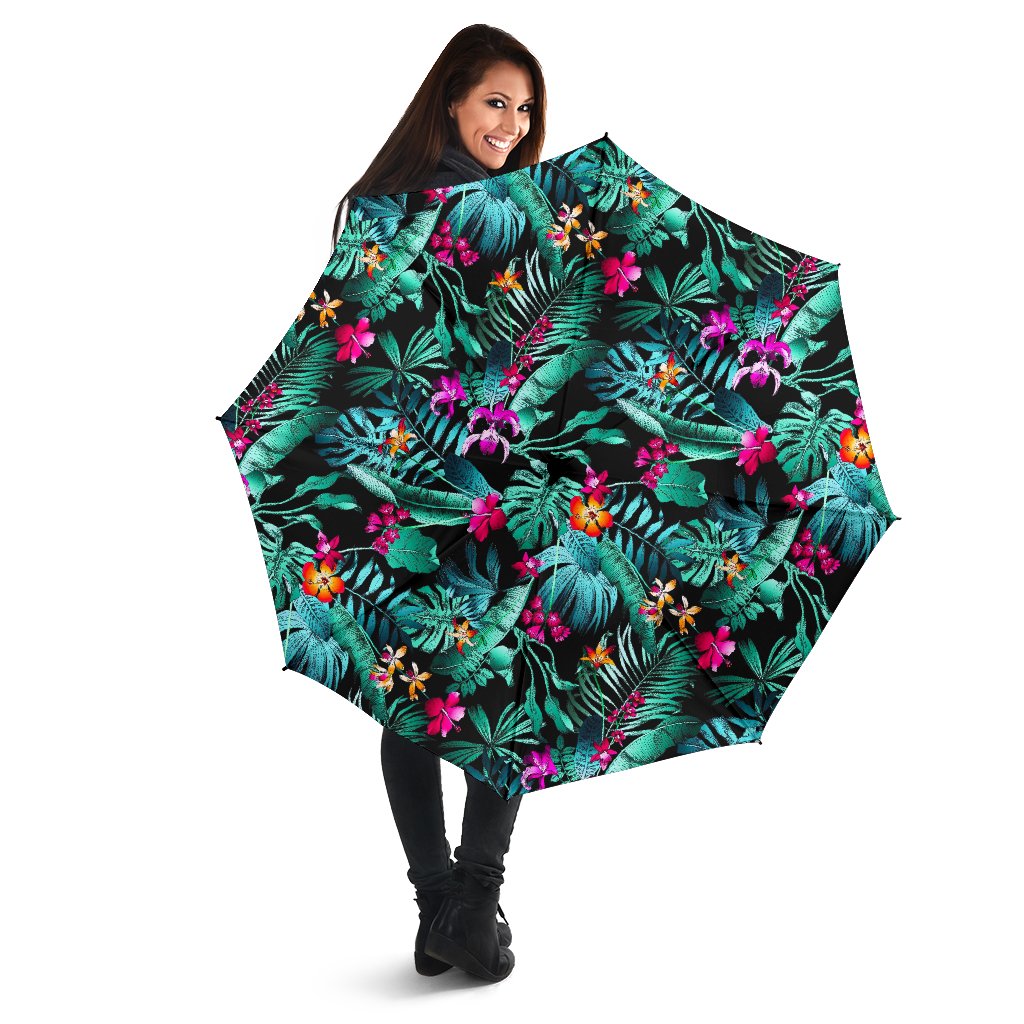 Teal Tropical Leaf Hawaii Pattern Print Foldable Umbrella