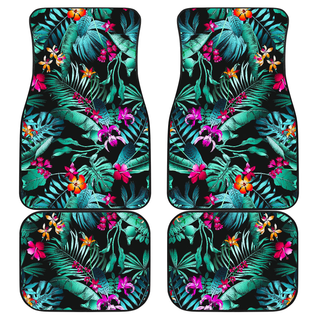 Teal Tropical Leaf Hawaii Pattern Print Front and Back Car Floor Mats