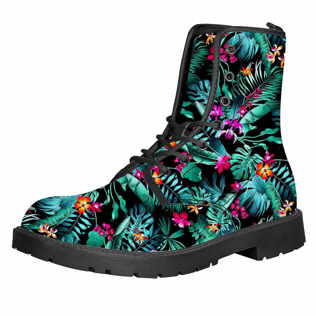 Teal Tropical Leaf Hawaii Pattern Print Leather Boots