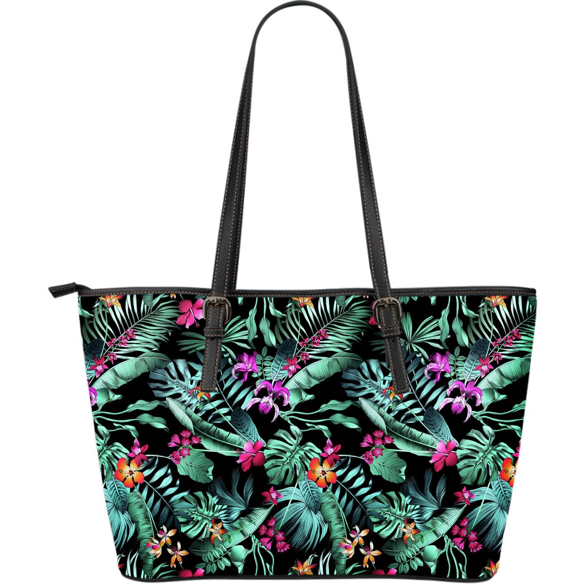 Teal Tropical Leaf Hawaii Pattern Print Leather Tote Bag