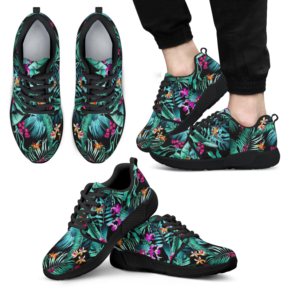 Teal Tropical Leaf Hawaii Pattern Print Men's Athletic Shoes