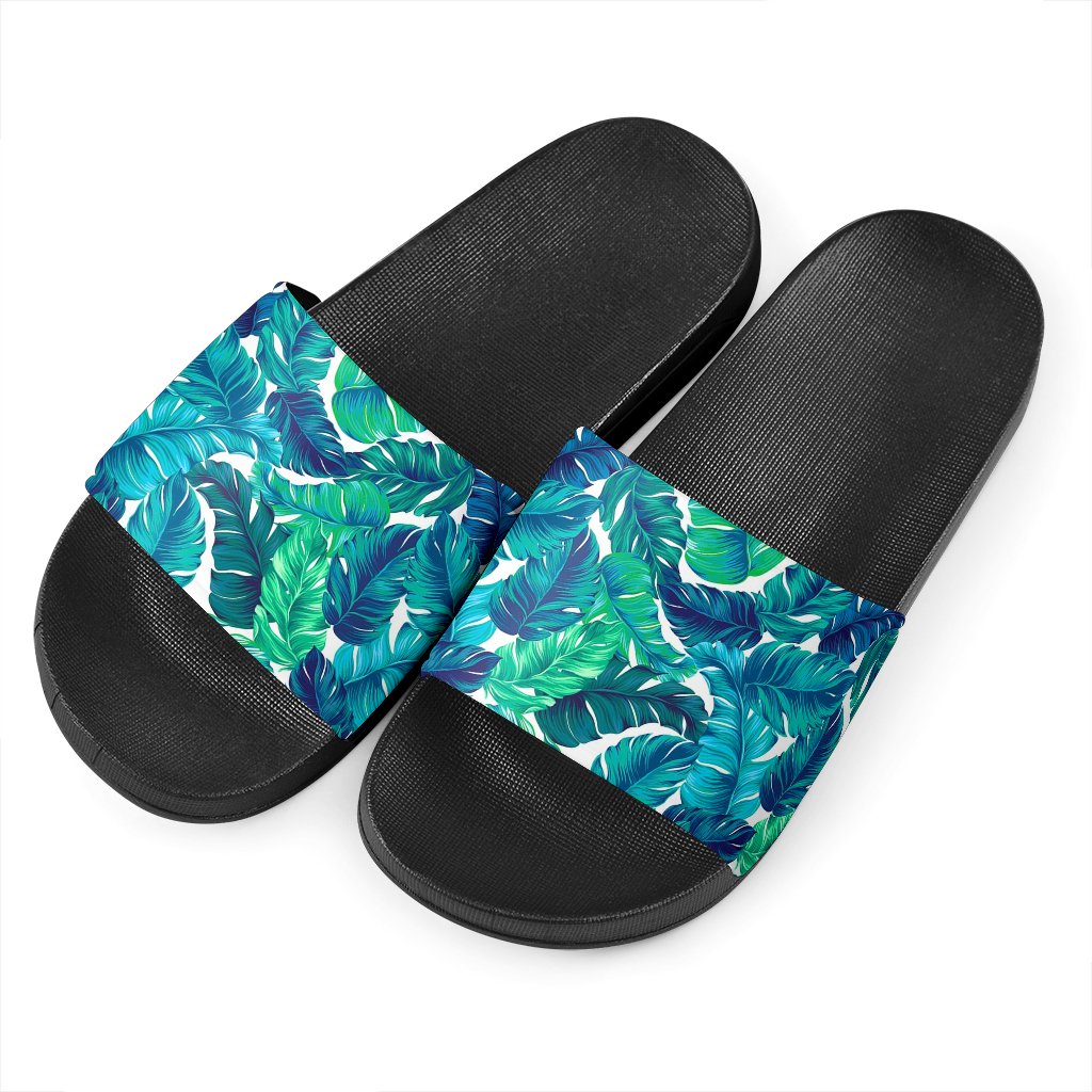 Teal Tropical Leaf Pattern Print Black Slide Sandals