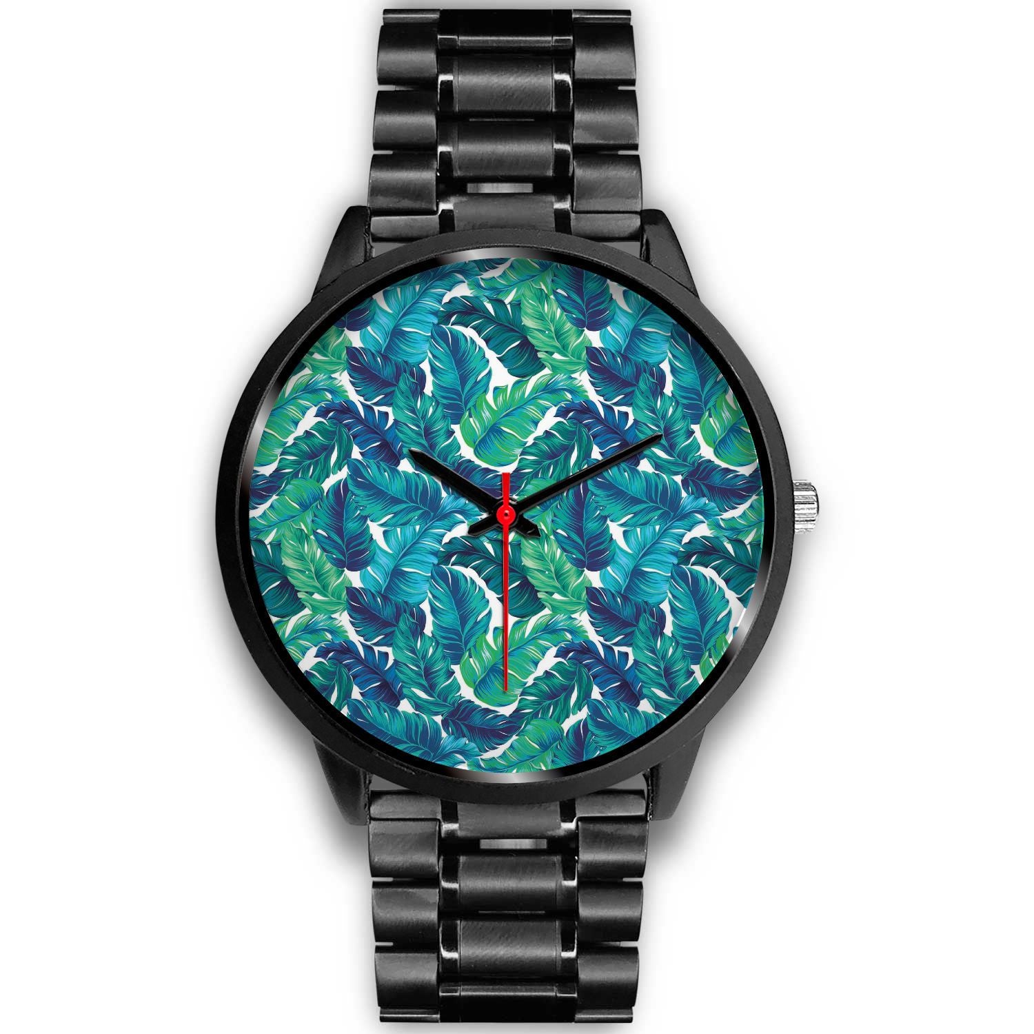 Teal Tropical Leaf Pattern Print Black Watch