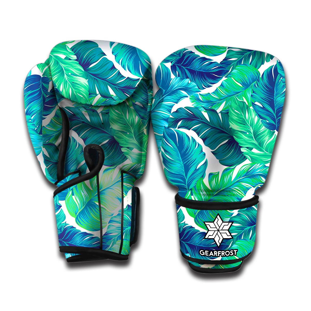 Teal Tropical Leaf Pattern Print Boxing Gloves