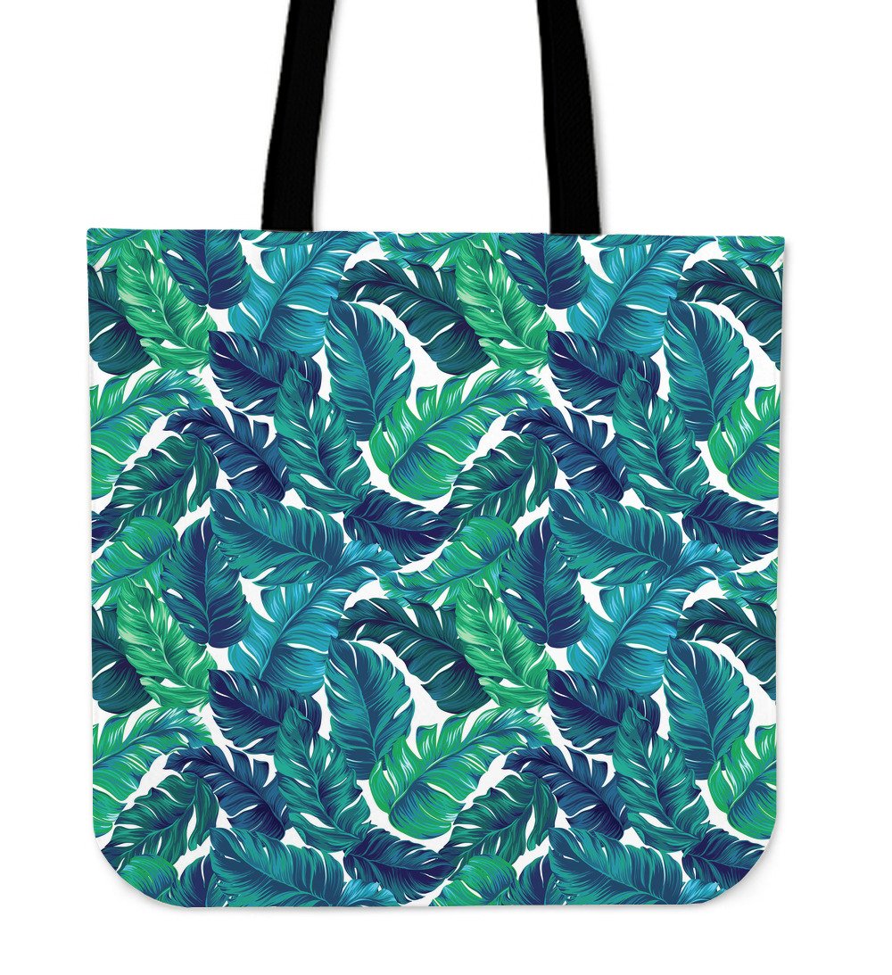 Teal Tropical Leaf Pattern Print Canvas Tote Bag