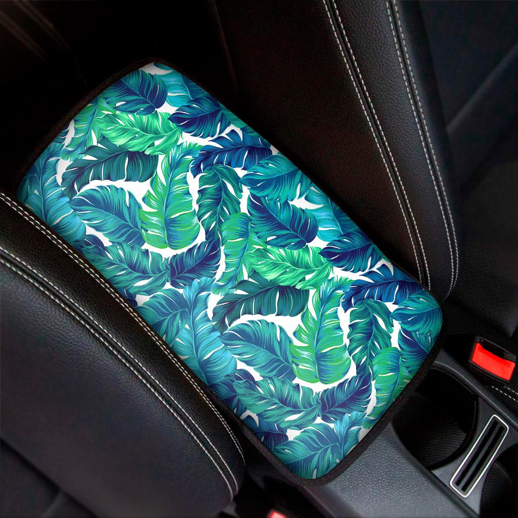 Teal Tropical Leaf Pattern Print Car Center Console Cover