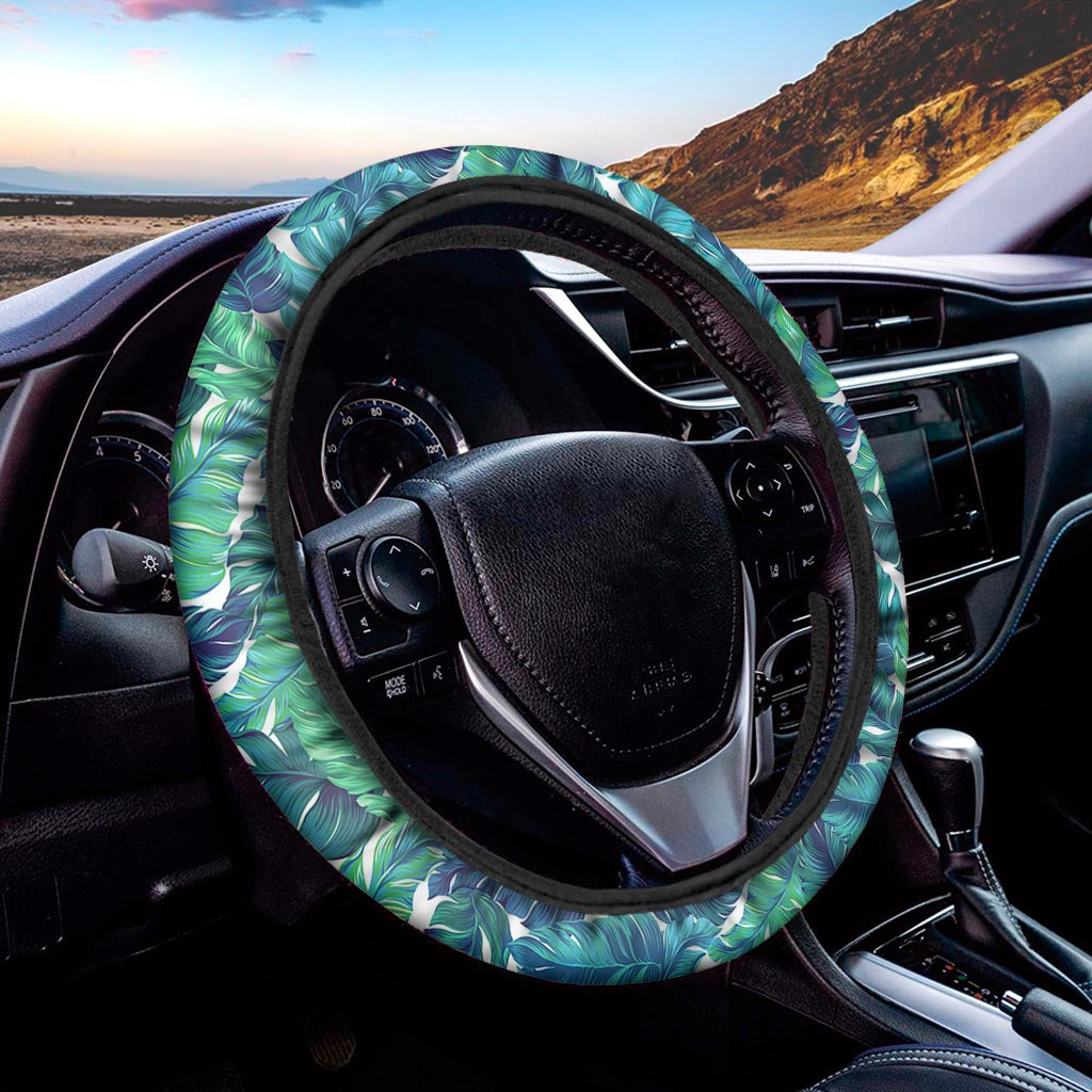 Teal Tropical Leaf Pattern Print Car Steering Wheel Cover