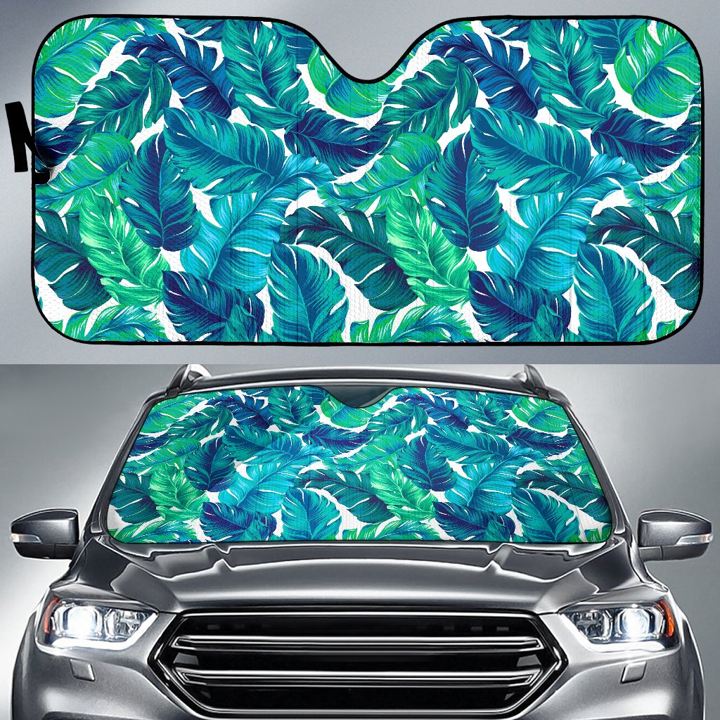 Teal Tropical Leaf Pattern Print Car Sun Shade