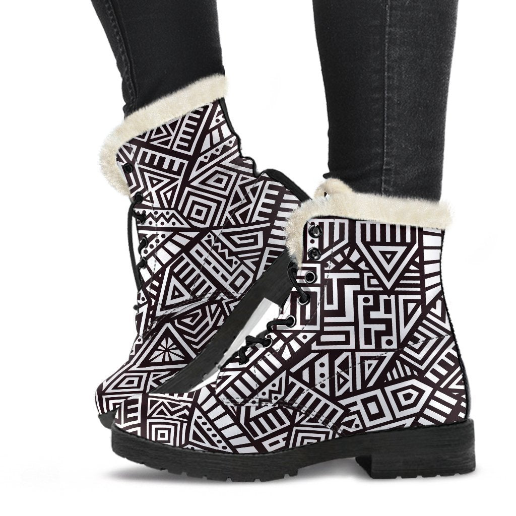 Tribal Aztec Geometric Pattern Print Faux Fur Leather Boots