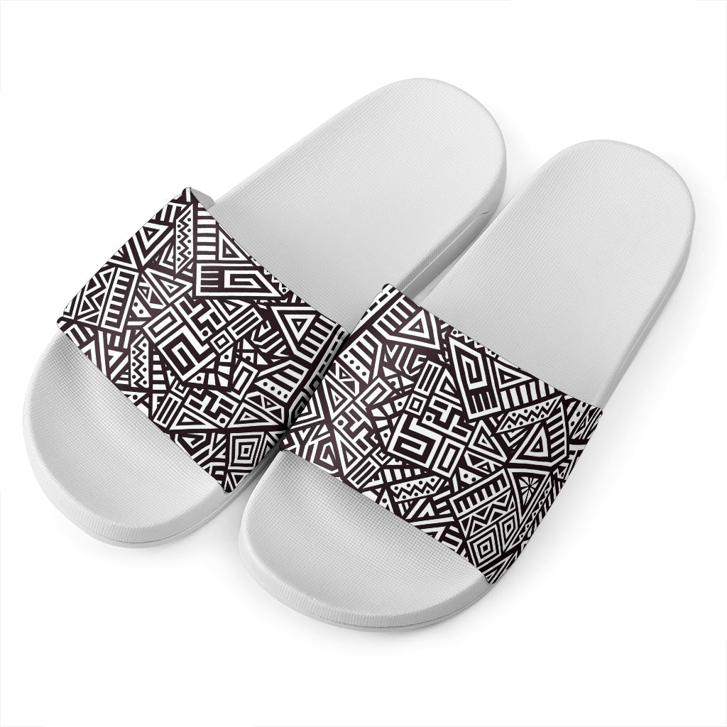 Tribal Aztec Geometric Pattern Print White Slide Sandals