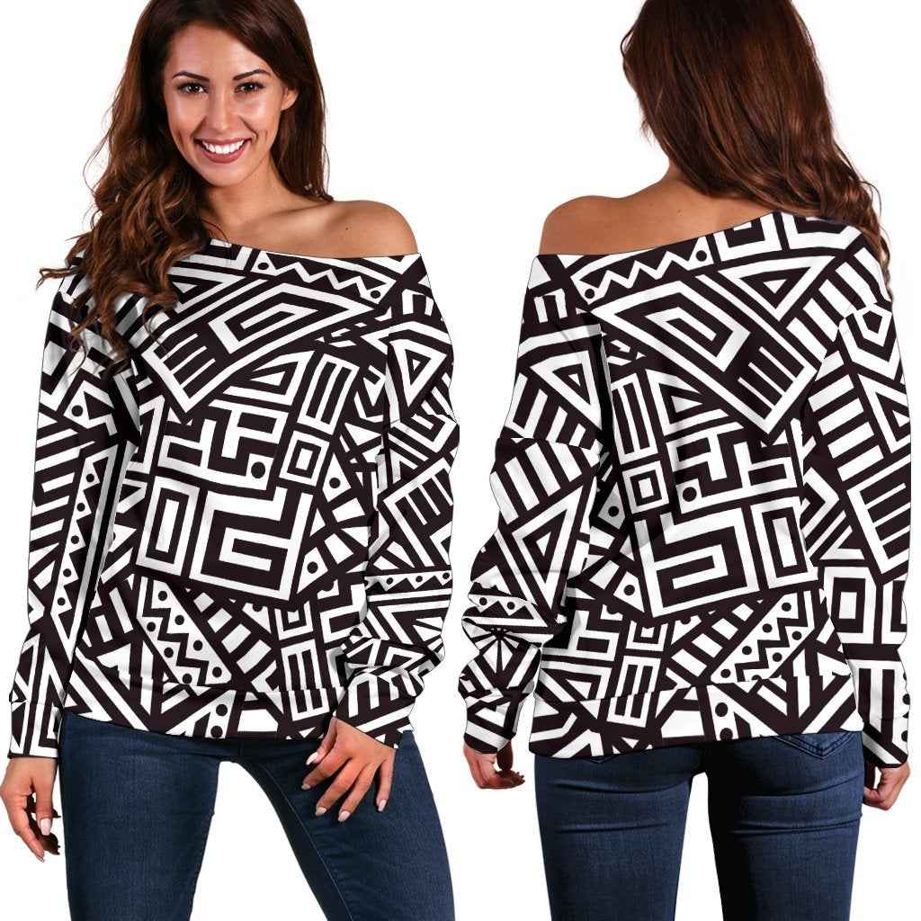 Tribal Aztec Geometric Pattern Print Women's Off-Shoulder Sweatshirt