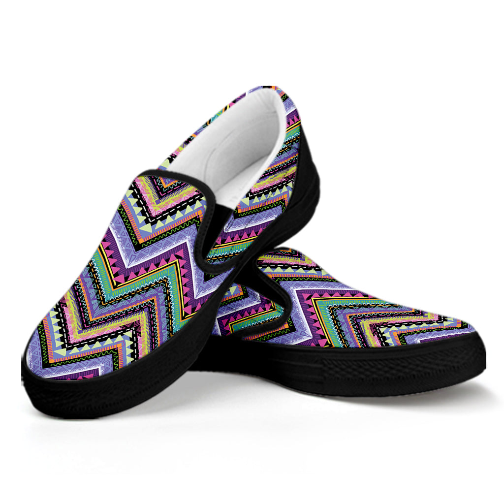 Tribal Aztec Hippie Pattern Print Black Slip On Shoes