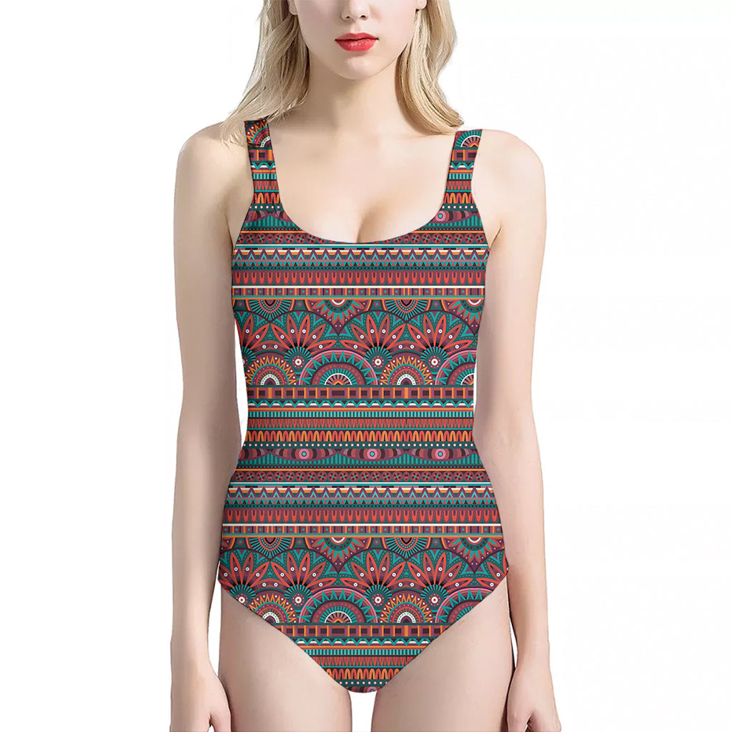 Tribal Ethnic Pattern Print One Piece Halter Neck Swimsuit