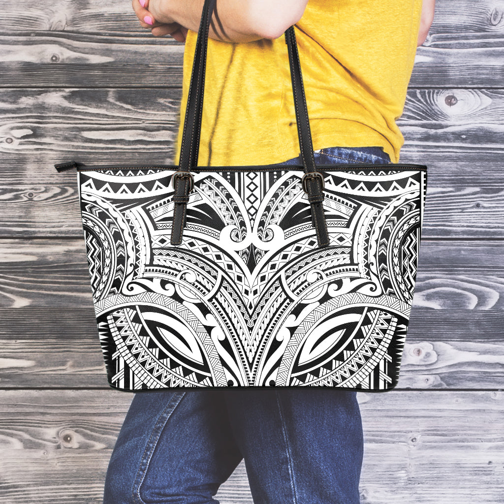 Tribal Maori Polynesian Tattoo Print Leather Tote Bag