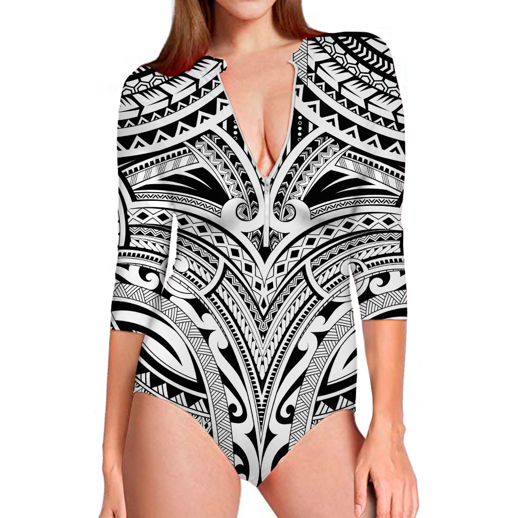 Tribal Maori Polynesian Tattoo Print Long Sleeve One Piece Swimsuit