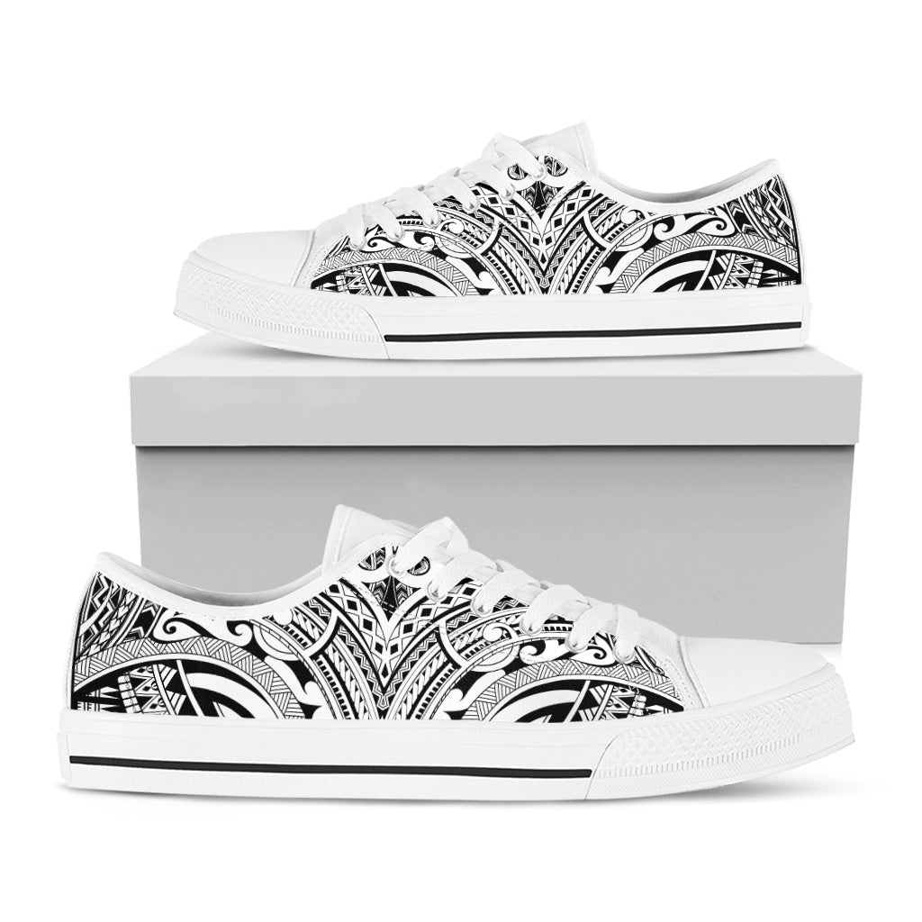 Tribal Maori Polynesian Tattoo Print White Low Top Shoes