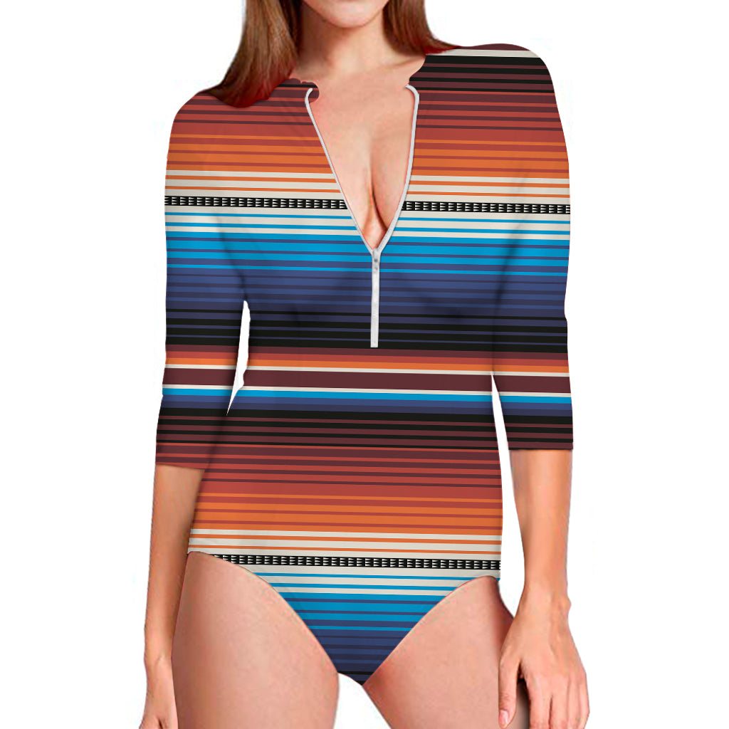 Tribal Mexican Blanket Pattern Print Long Sleeve One Piece Swimsuit