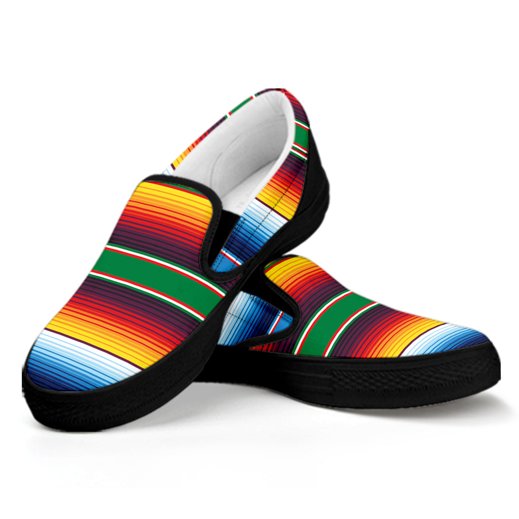 Tribal Mexican Blanket Stripe Print Black Slip On Shoes