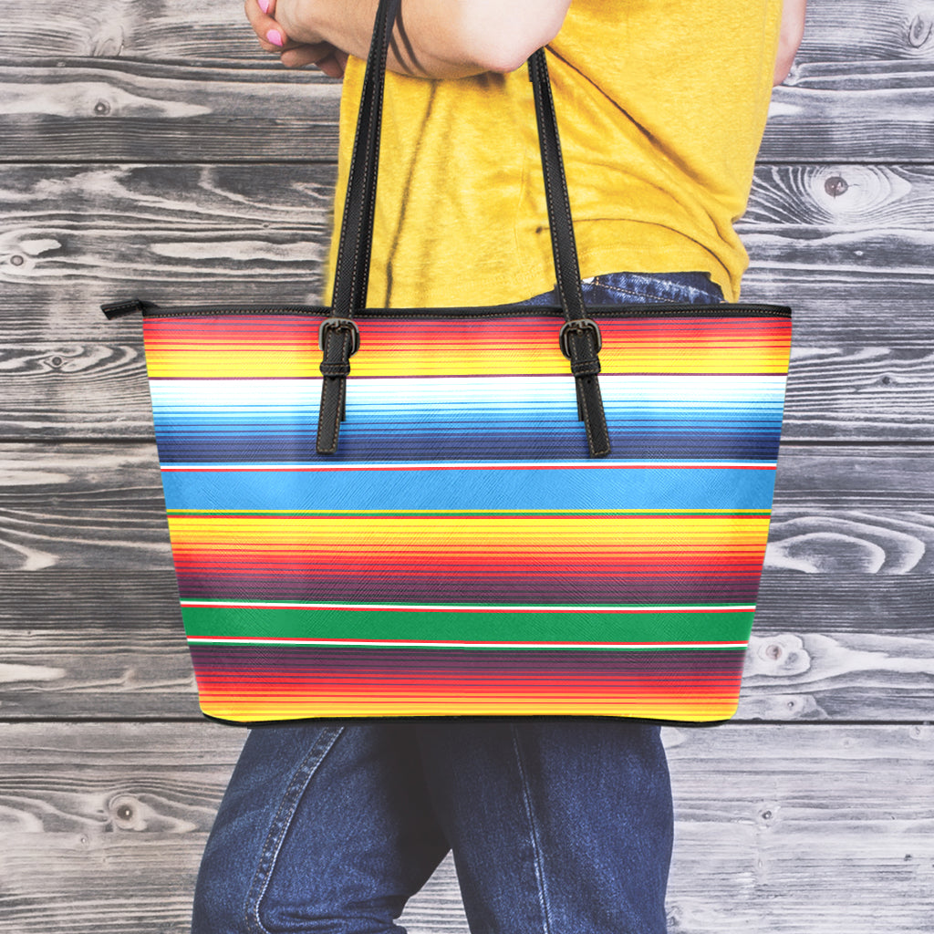 Tribal Mexican Blanket Stripe Print Leather Tote Bag