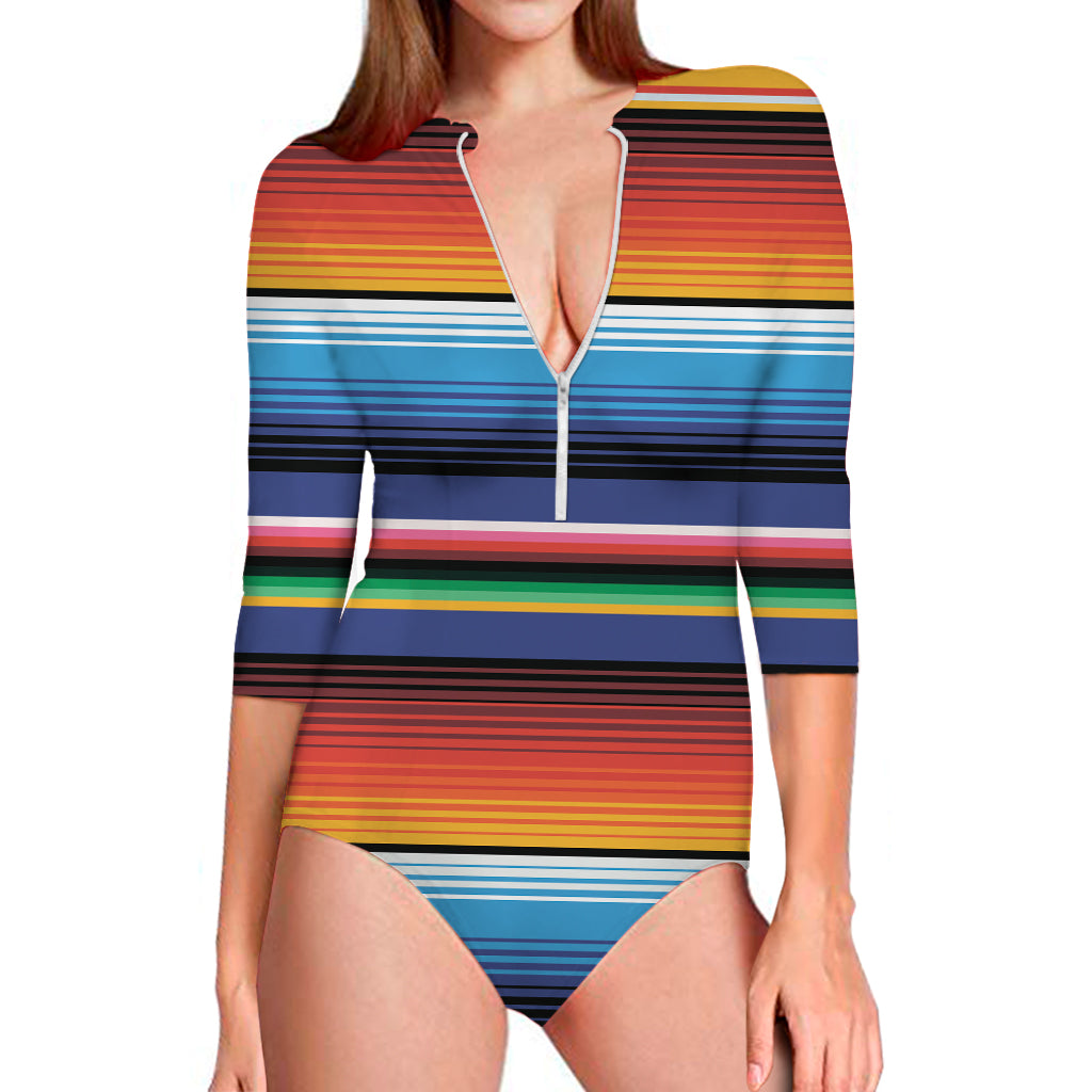 Tribal Mexican Serape Pattern Print Long Sleeve One Piece Swimsuit