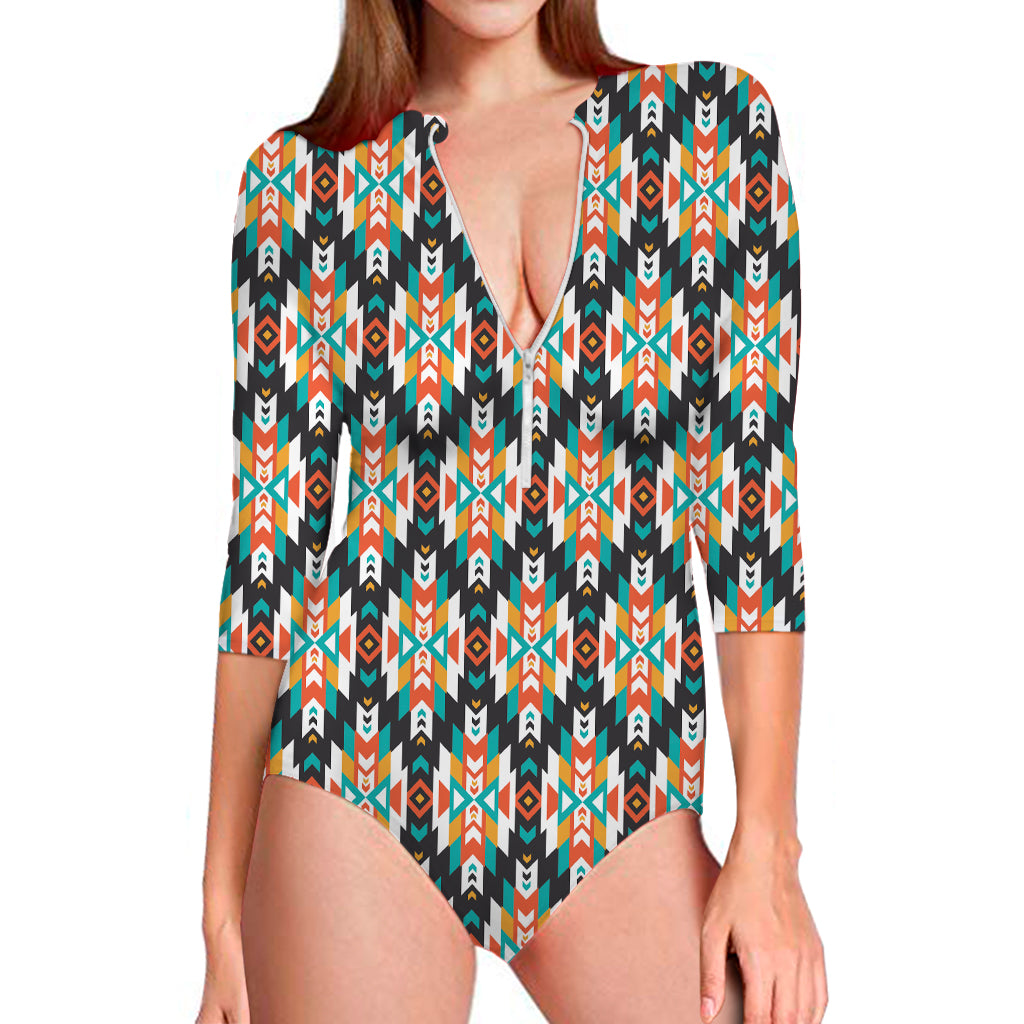 Tribal Native American Pattern Print Long Sleeve One Piece Swimsuit