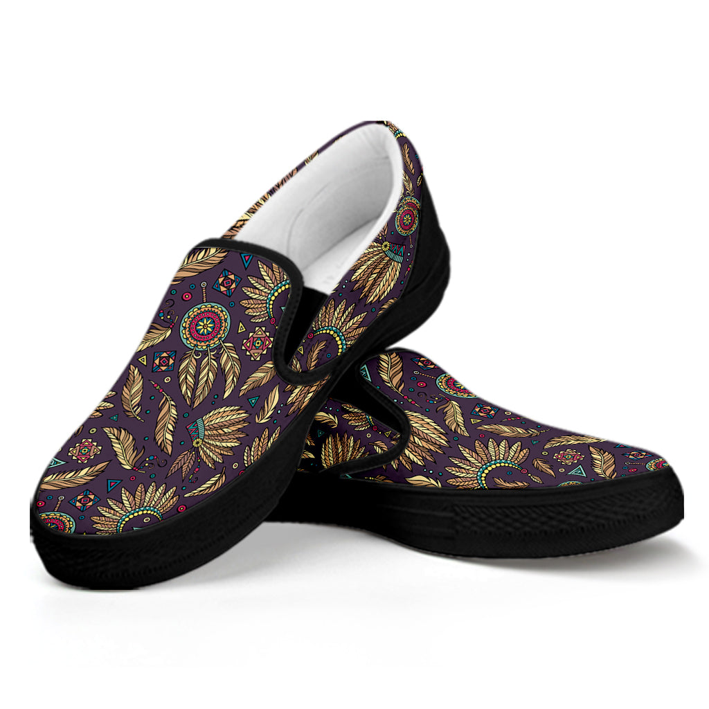 Tribal Native Indian Pattern Print Black Slip On Shoes