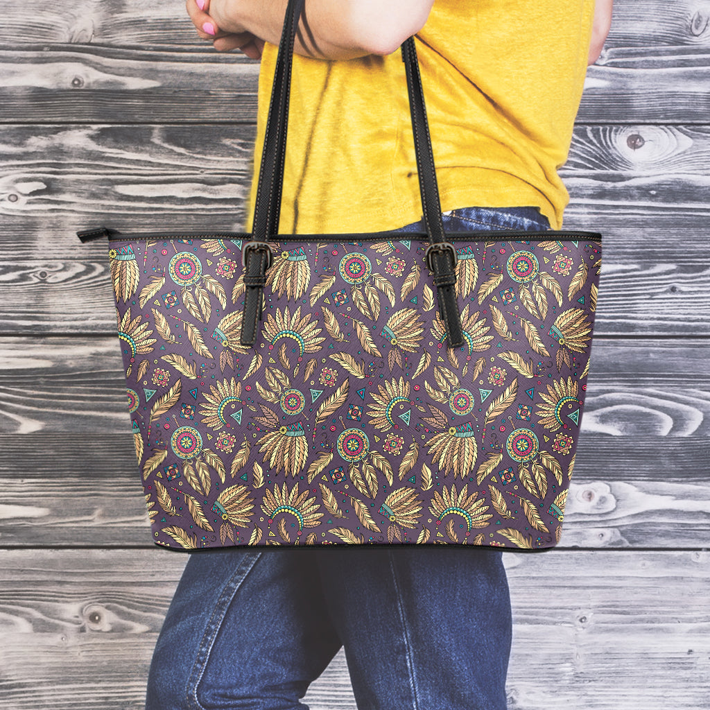 Tribal Native Indian Pattern Print Leather Tote Bag