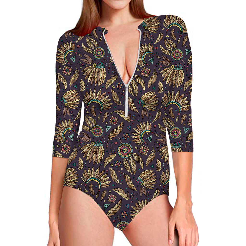 Tribal Native Indian Pattern Print Long Sleeve One Piece Swimsuit