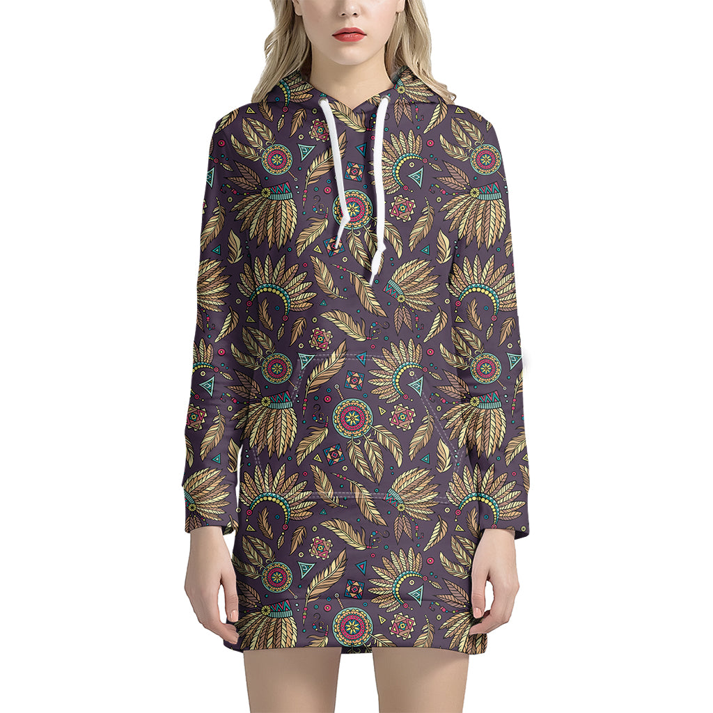 Tribal Native Indian Pattern Print Women's Pullover Hoodie Dress